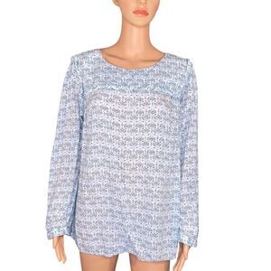 Loft Plus Blue Patterned Long Sleeve Blouse Rounded Neckline Womens Size 16